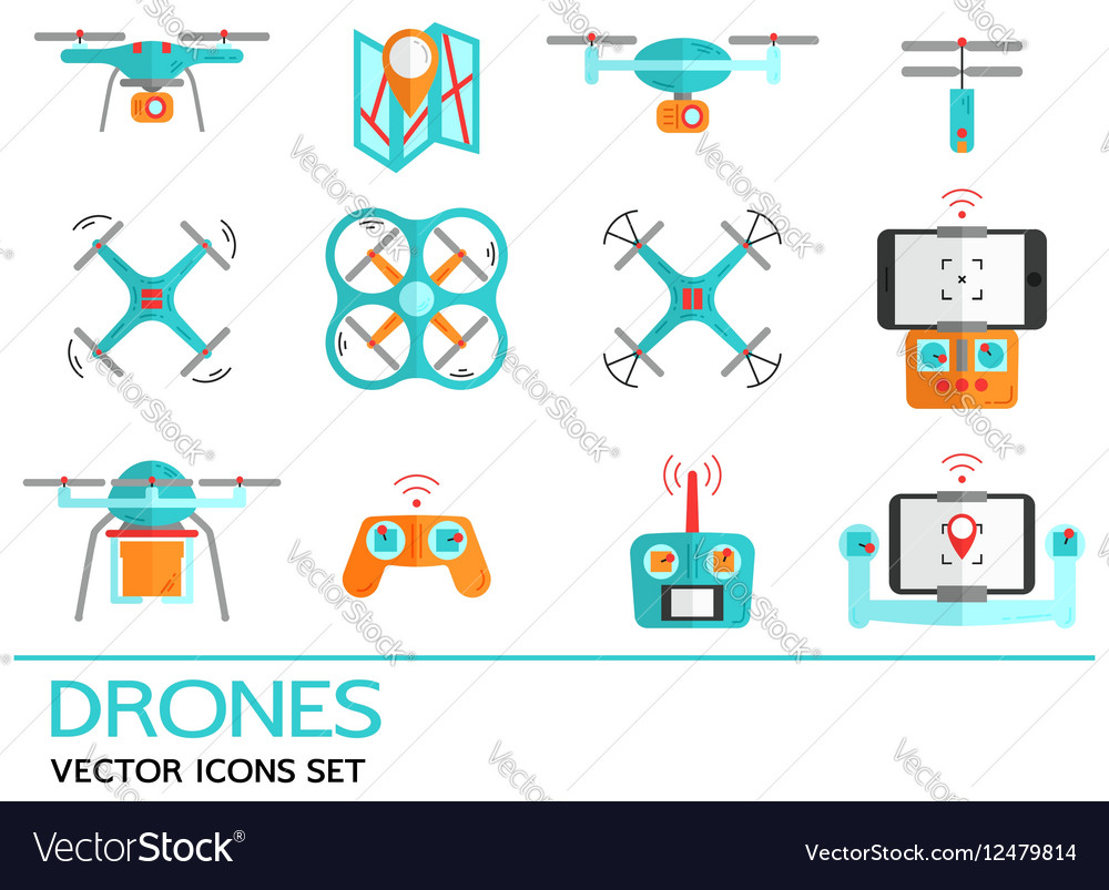 Flat icons with drones quadrocopter hexacopter