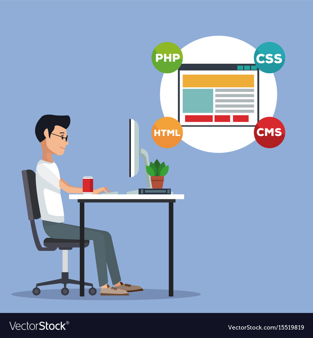 Color scene background side view web developer man