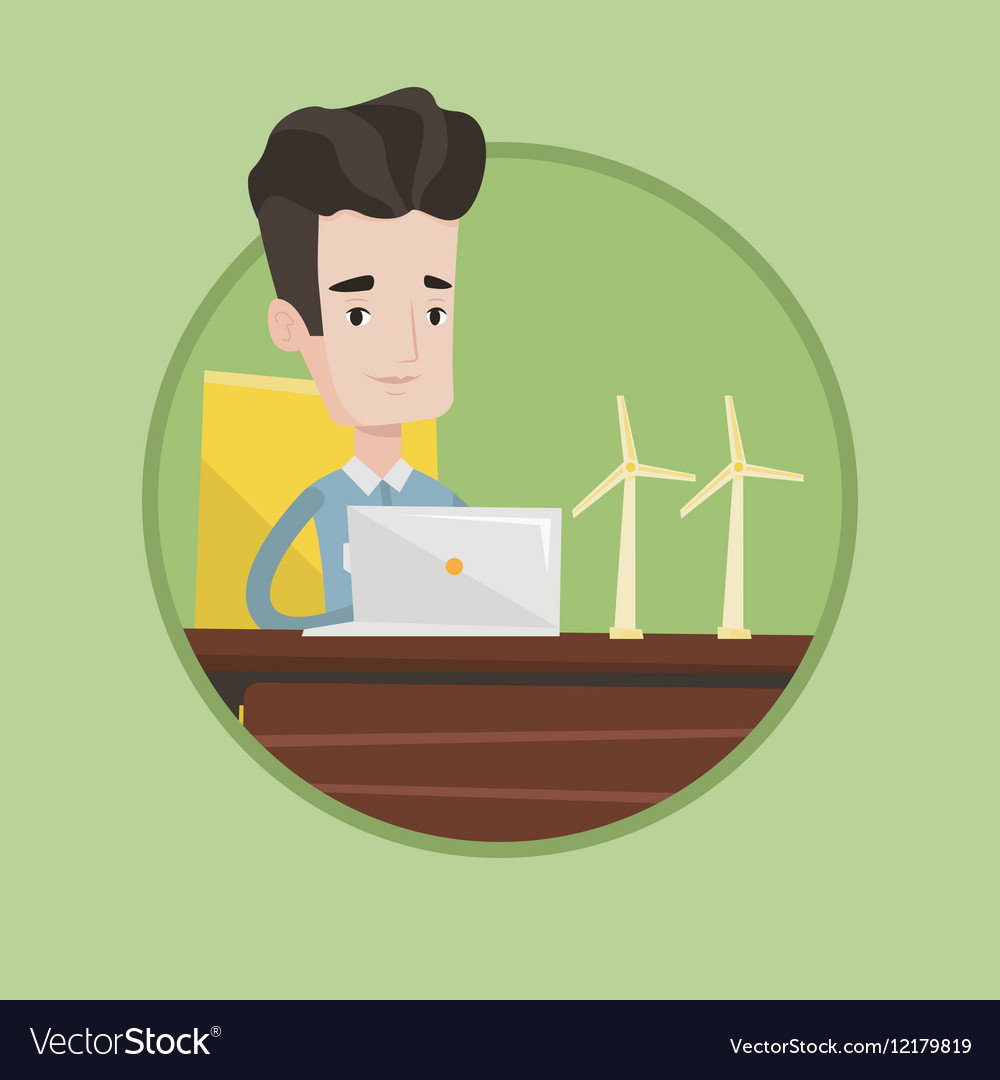 Engineer working with model of wind turbines