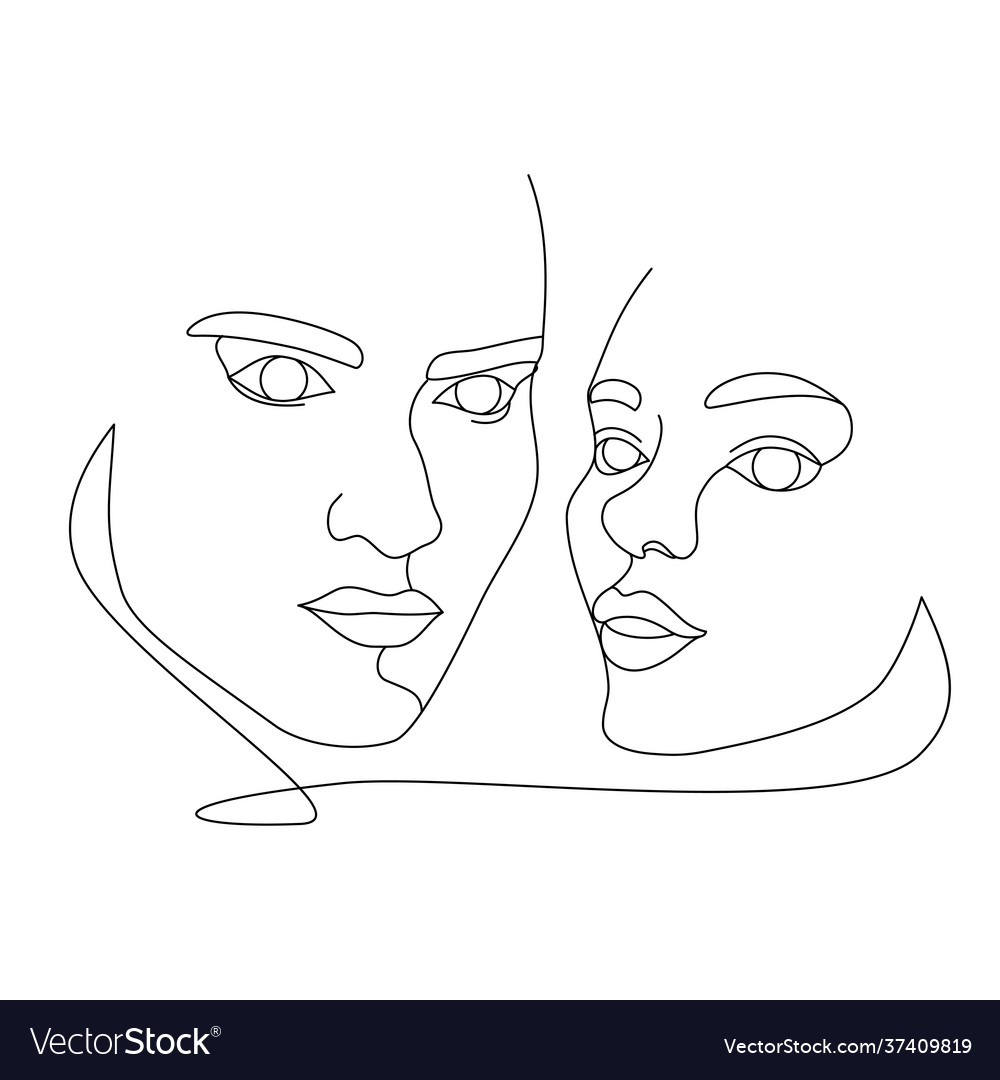 Female Faces Drawn With Continuous Line Royalty Free Vector