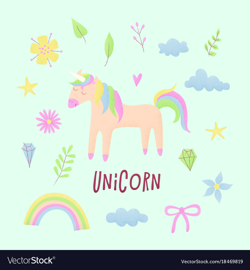 Unicorn design set with clouds and rainbow
