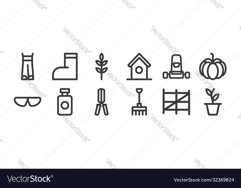 12 set linear landscaping equipment icons thin