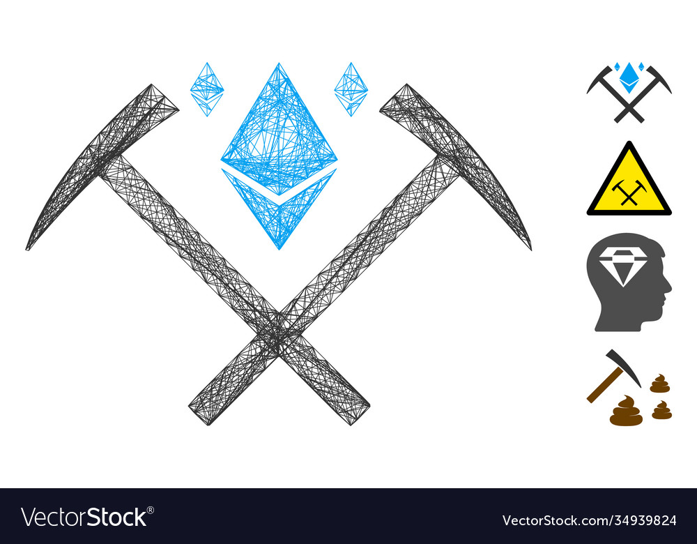 Linear ethereum crystal mining hammers mesh vector image Linear ethereum crystal mining hammers mesh