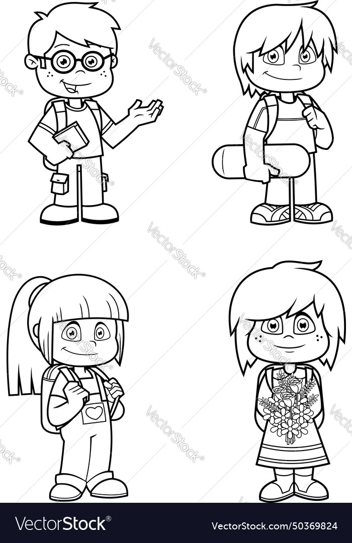 Outlined school kids cartoon characters Royalty Free Vector