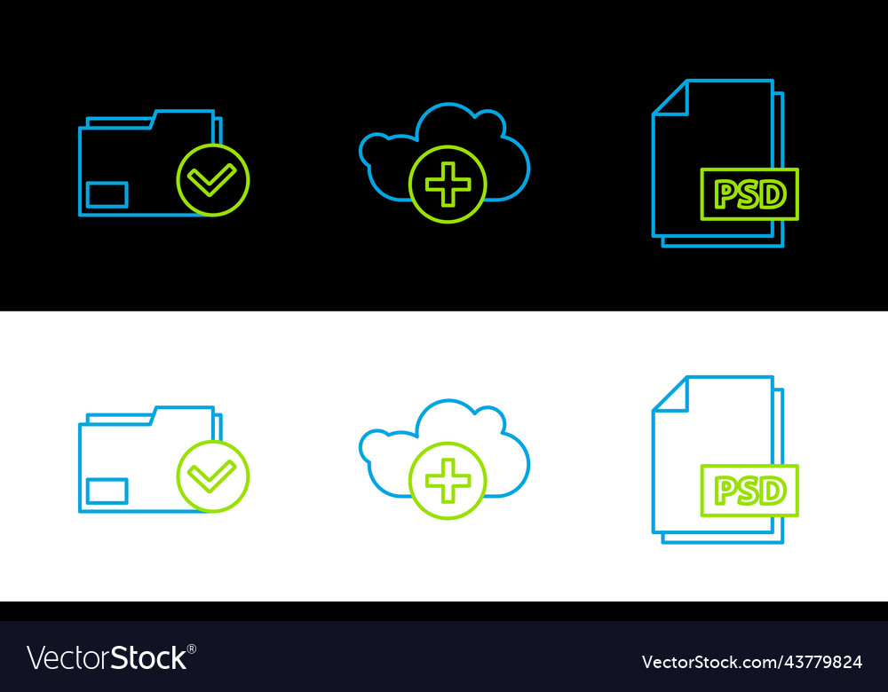 Set line psd file document folder vector image Set line psd file document folder
