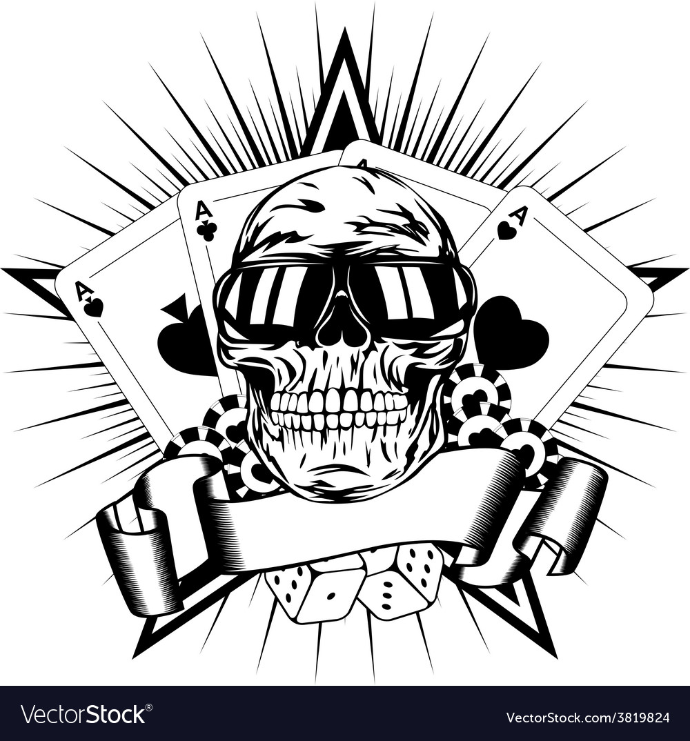 Skull in sunglasses playing cards dice chips