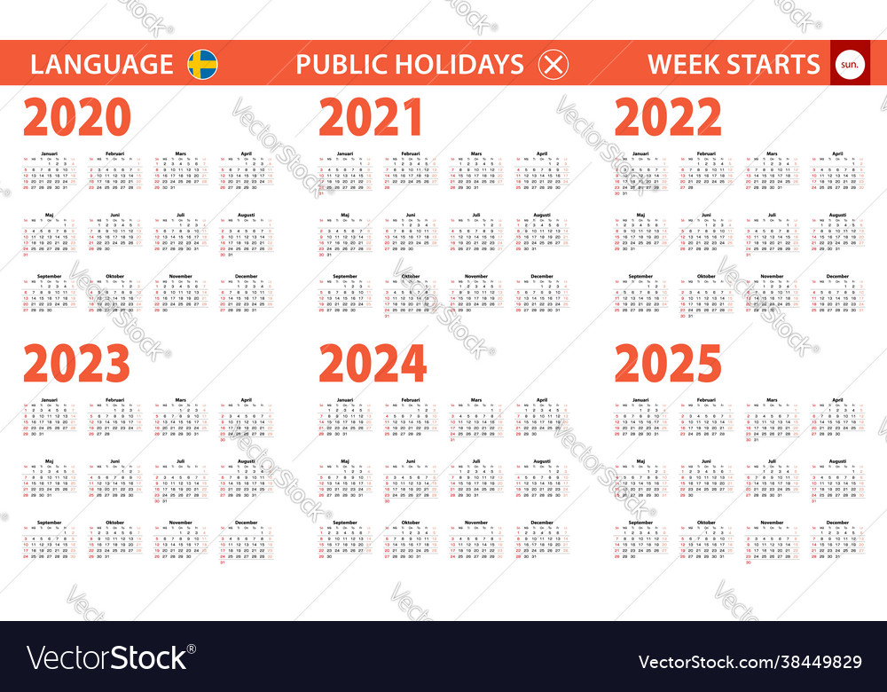 2020-2025 year calendar in swedish language week Vector Image