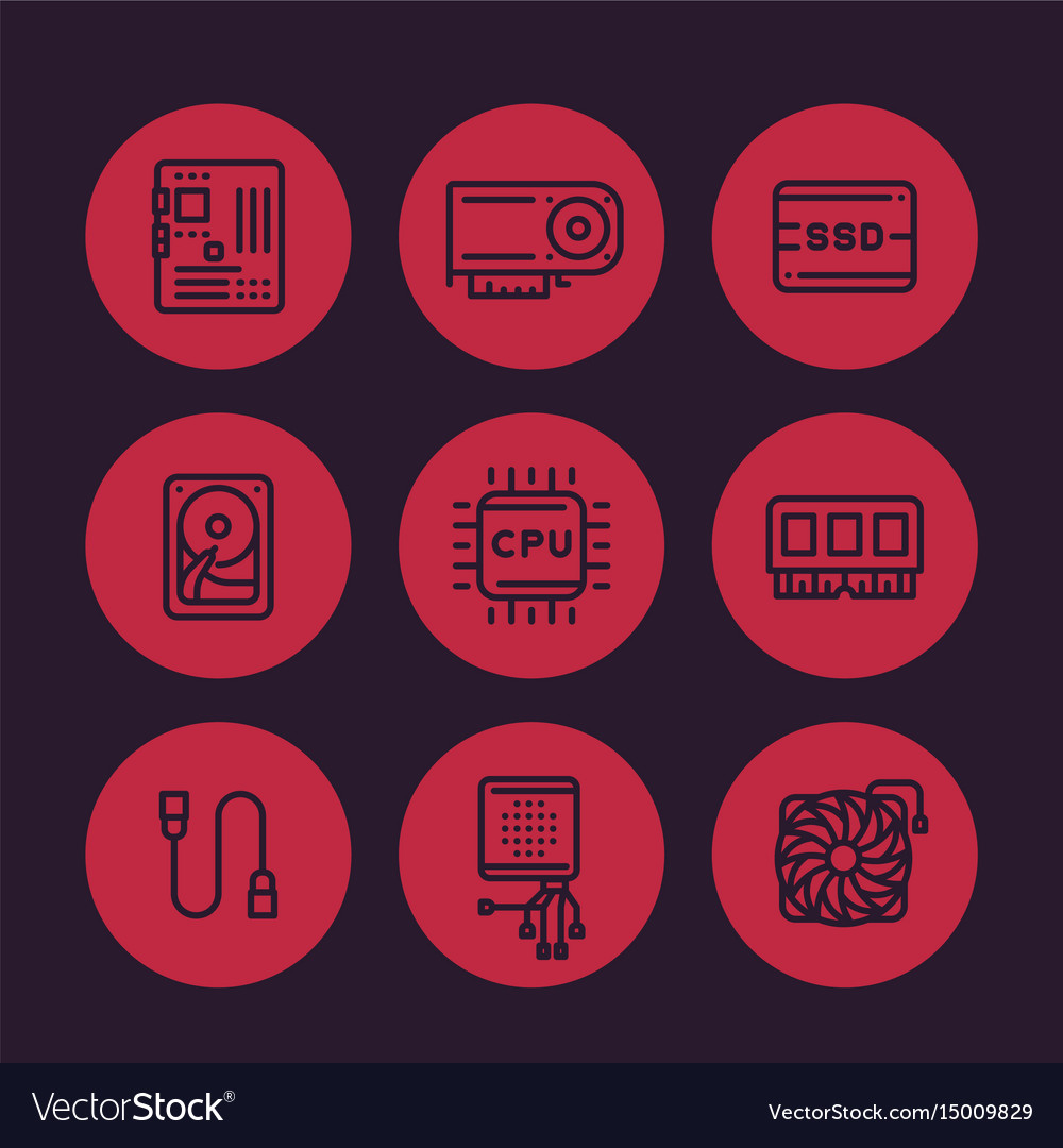 Computer components line icons set