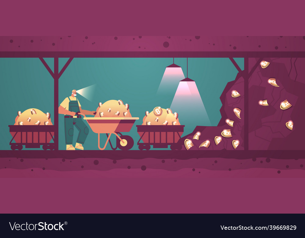 Man miner digging and extracting bitcoins in mine
