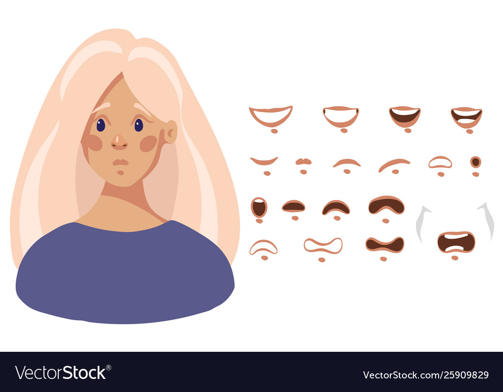 Mouth set female cartoon character in flat