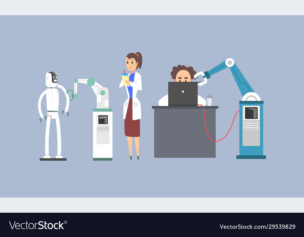 Scientists characters working with mechanical arms vector image Scientists characters working with mechanical arms