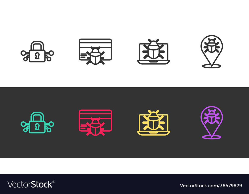 Set line cyber security system bug in credit card vector image Set line cyber security system bug in credit card
