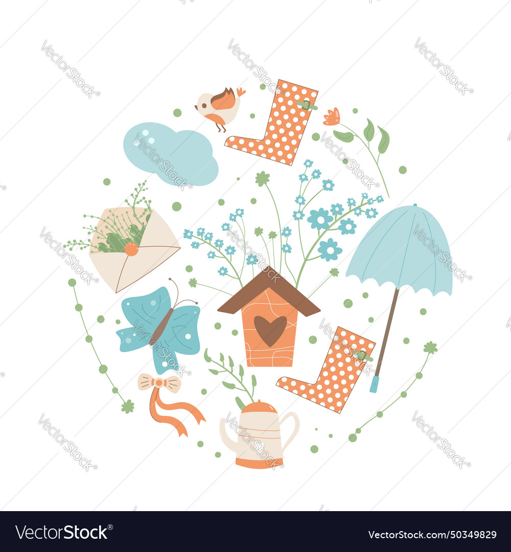 Spring elements circle composition set isolated vector image Spring elements circle composition set isolated