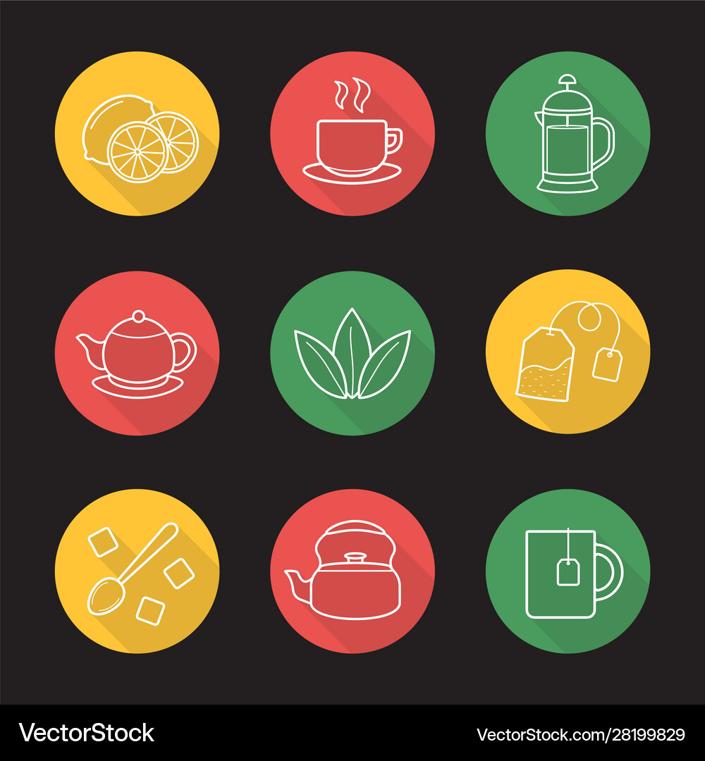 Tea flat linear long shadow icons set Royalty Free Vector