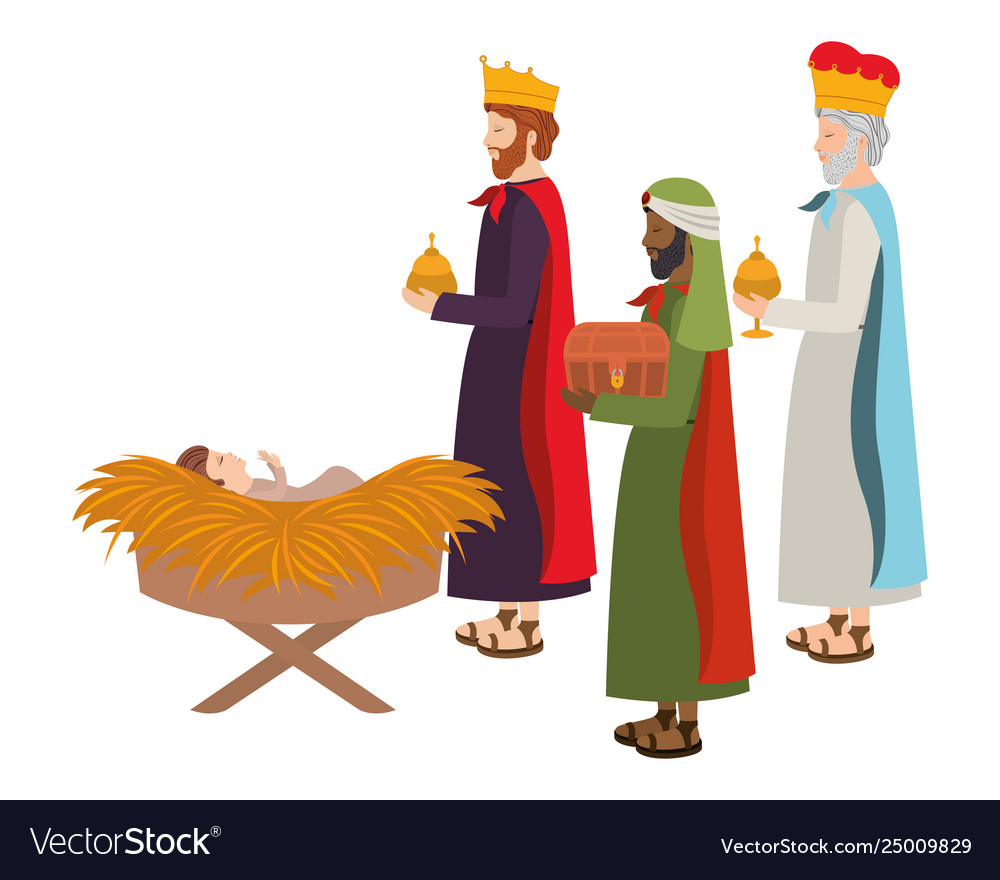 Wise kings with jesus baby in straw crable Vector Image