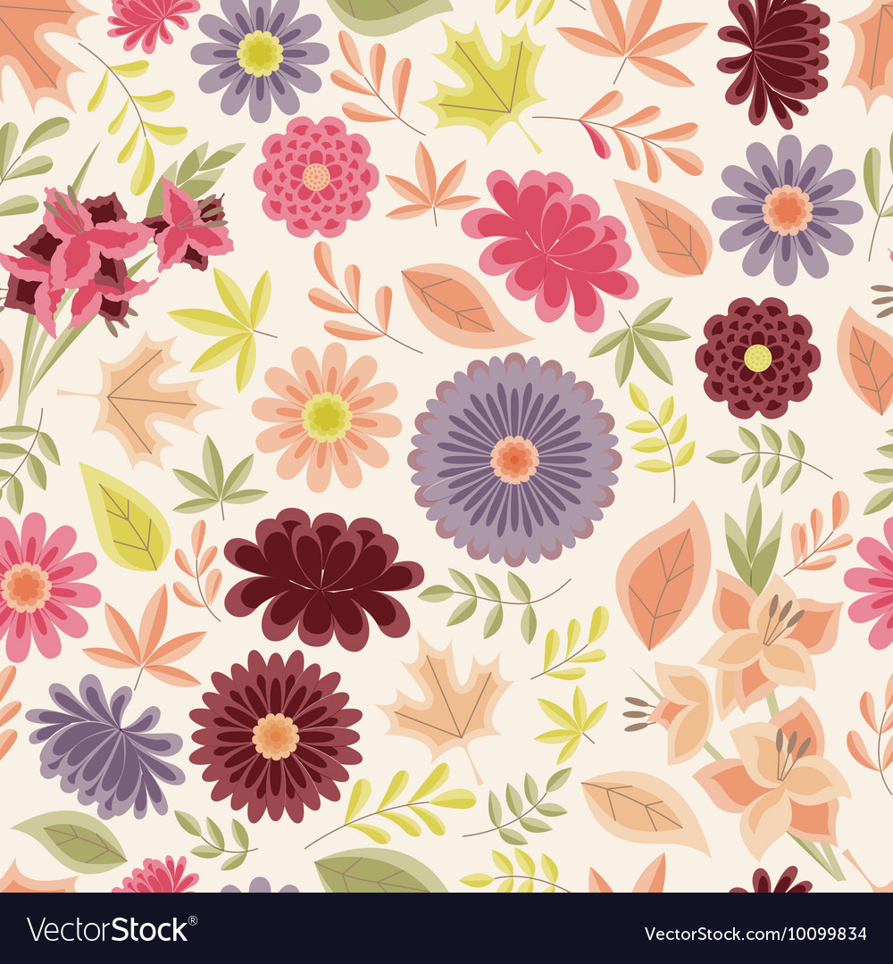 Autumn seamless pattern with flowers and leaves