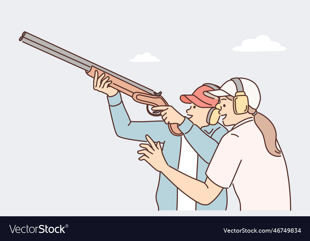 Man learns how to hold rifle and shoot cymbals Vector Image