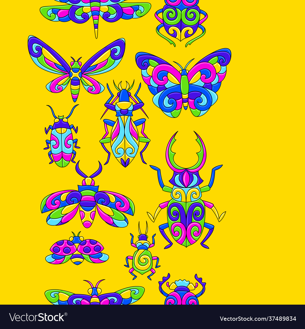 Seamless pattern with stylized bugs and insects