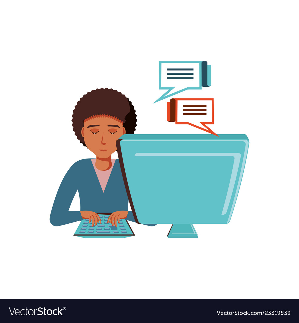 Man black with desktop computer and speech bubbles vector image Man black with desktop computer and speech bubbles