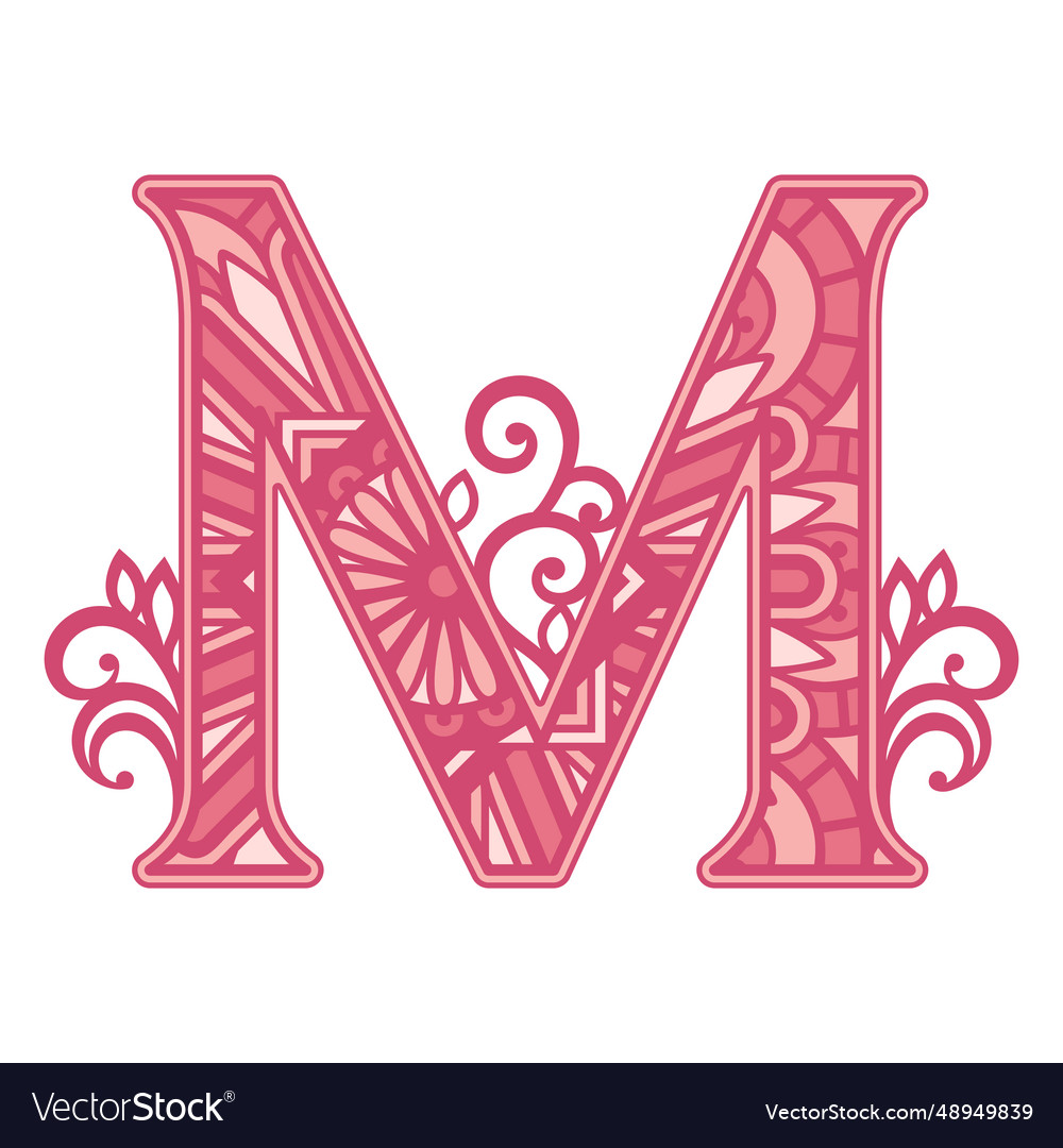 Pink letter m mandala alphabet Royalty Free Vector Image