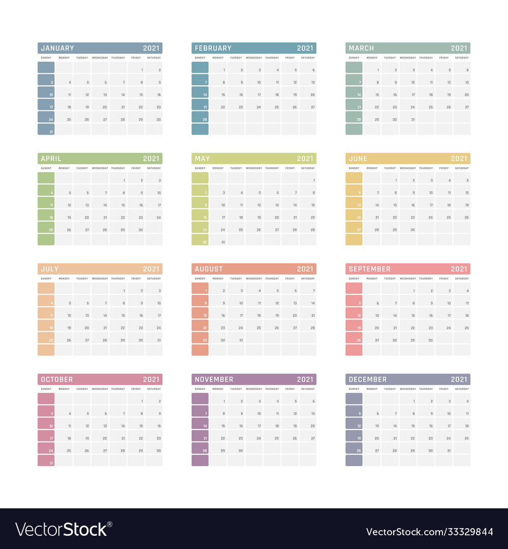 Calendar For 2021 Starts Sunday Royalty Free Vector Image