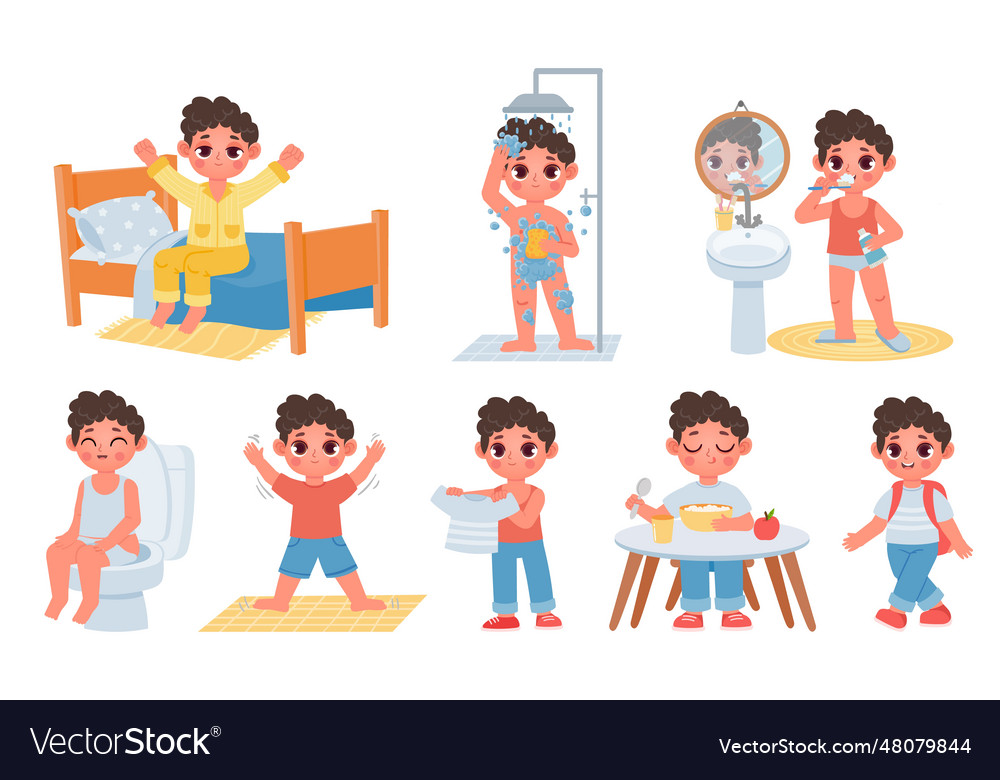 Child morning daily routine with cute cartoon boy Vector Image