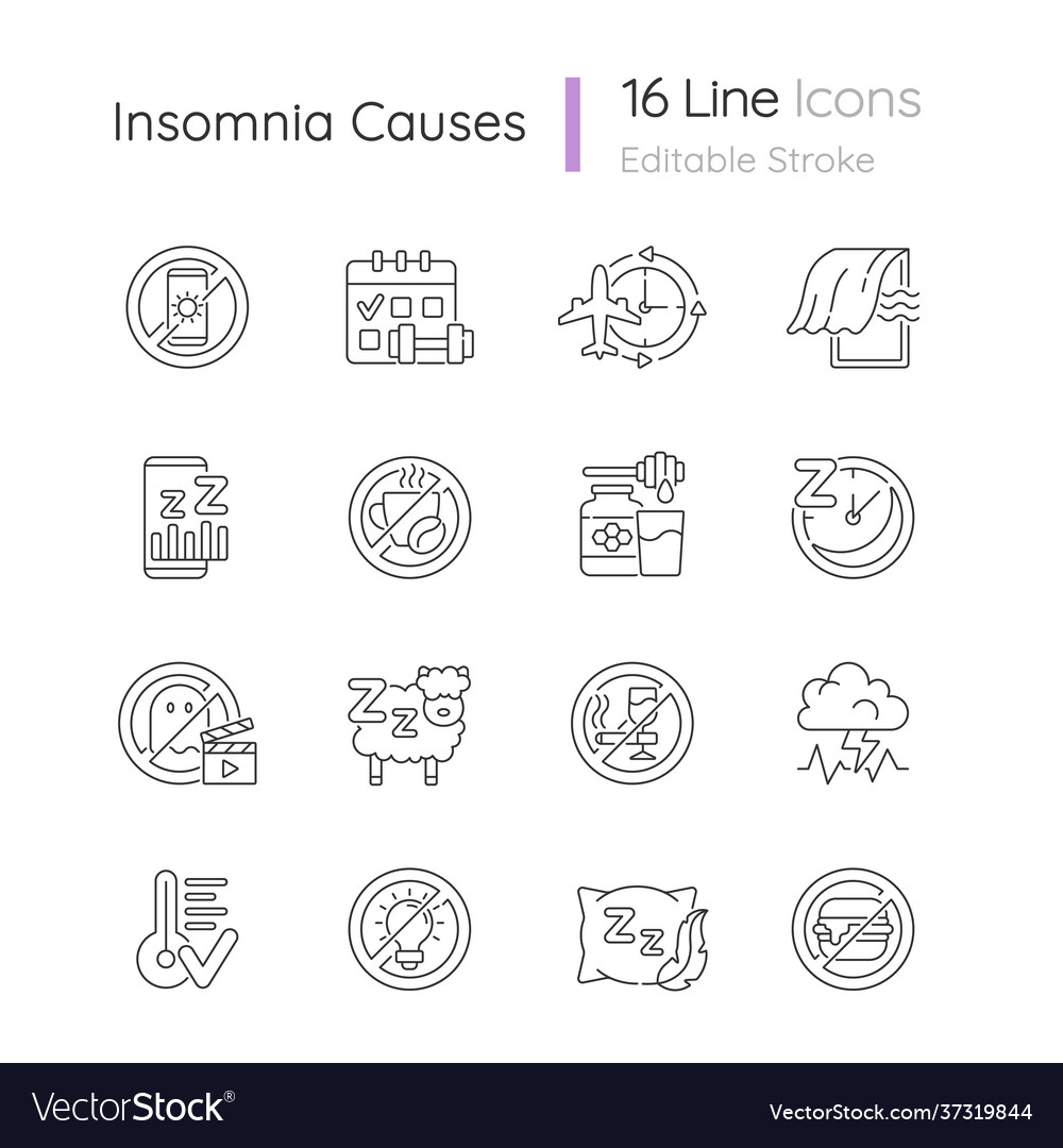 Insomnia causes linear icons set Vector Image Insomnia causes linear icons set