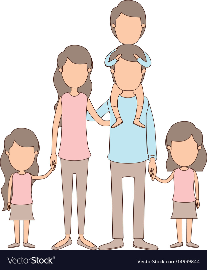 Light color caricature faceless big family parents