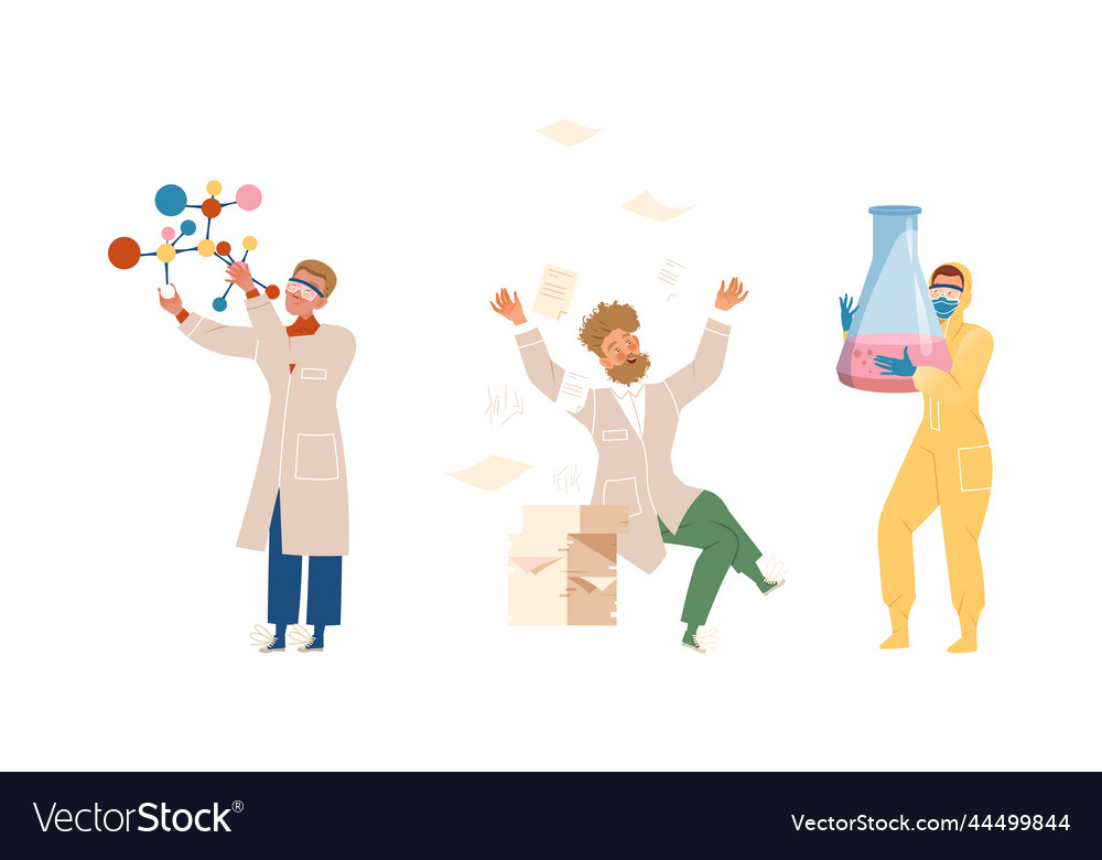 Man scientist character with flask paper sheet vector image Man scientist character with flask paper sheet