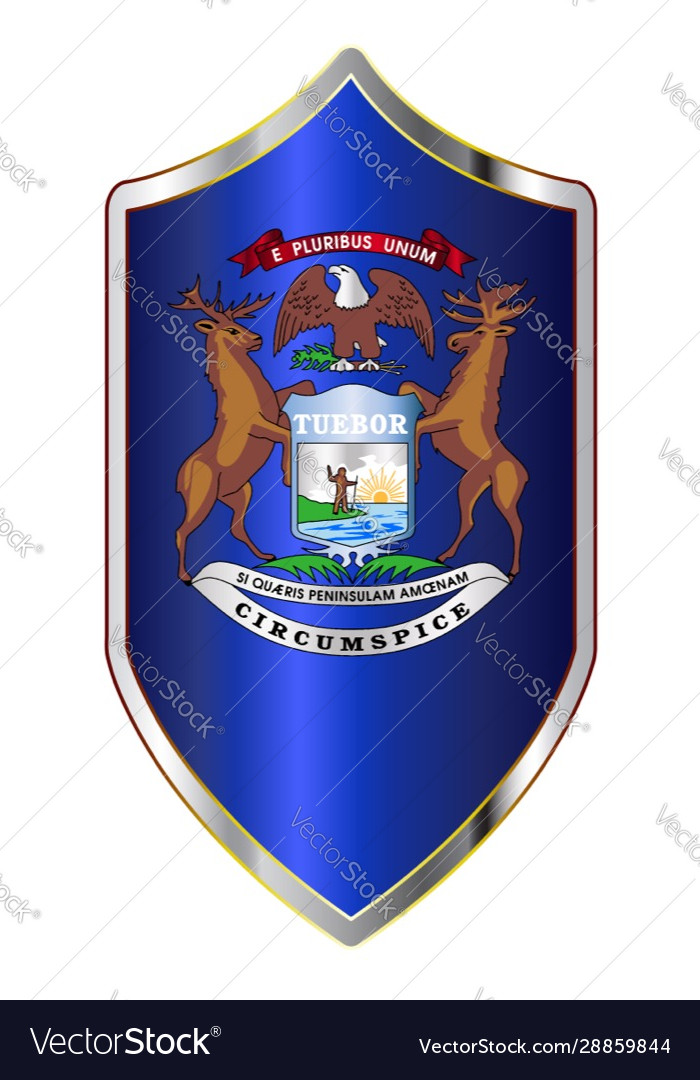 Michigan state flag on a crusader style shield