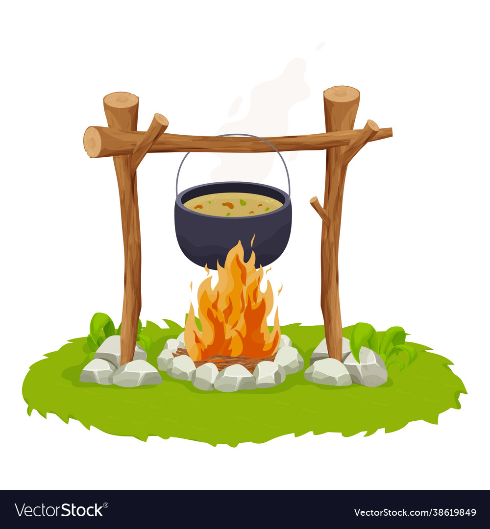 Black camping pot over a campfire in cartoon style