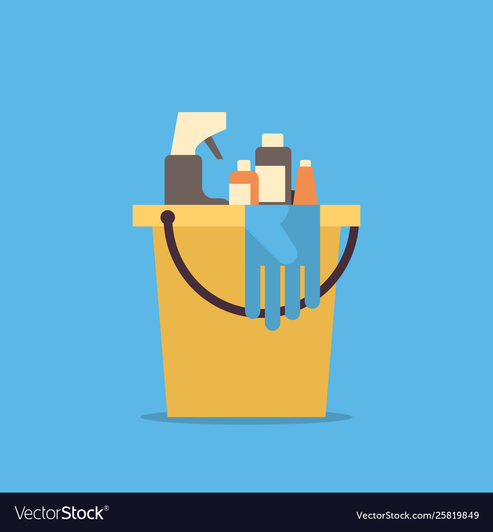 Cleaning service bucket with tools and items vector image Cleaning service bucket with tools and items