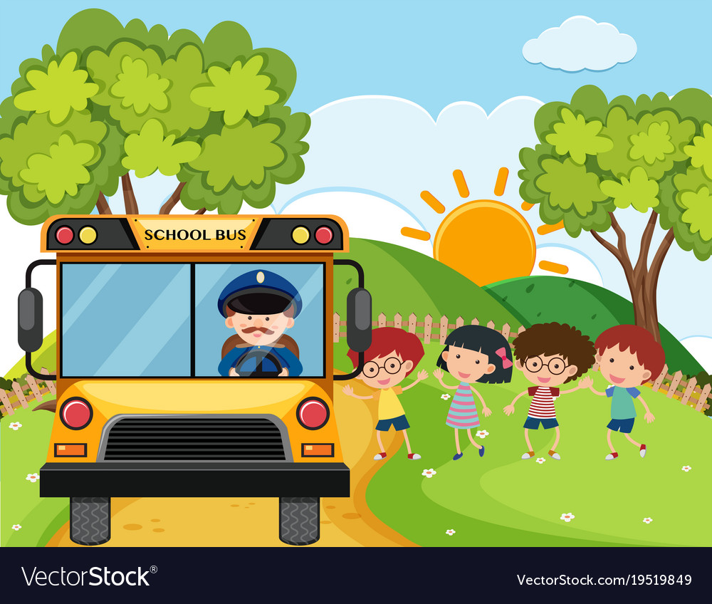 School bus with kids and driver on the hills