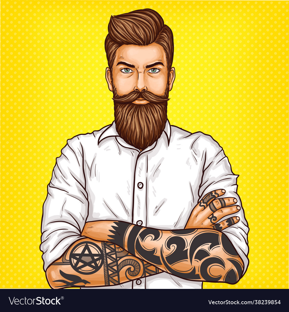 Pop art a brutal bearded man macho with tattoo