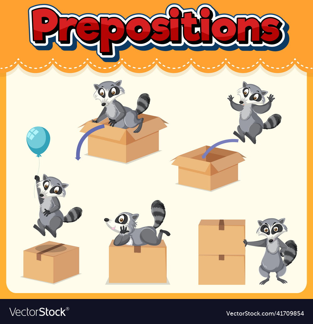 Prepostion wordcard design with raccoon and boxes Vector Image