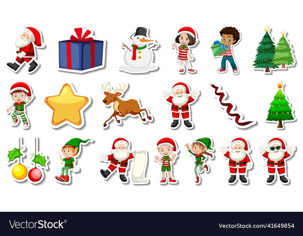 Set of christmas objects and cartoon characters