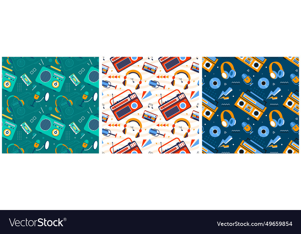 Set of radio seamless pattern design with player vector image Set of radio seamless pattern design with player