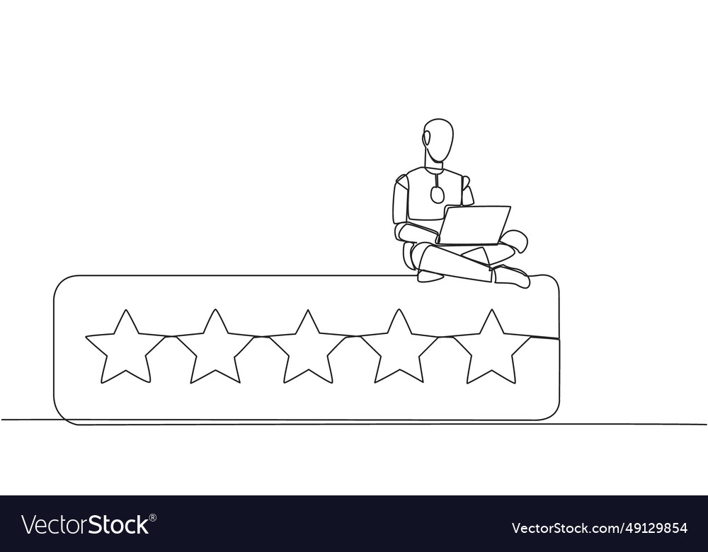 Single one line drawing robot sitting on rating vector image Single one line drawing robot sitting on rating