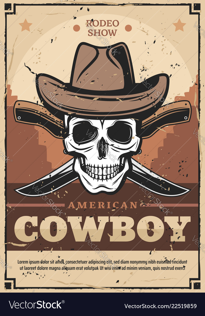 Cowboy skull in hat with crossed knives Royalty Free Vector