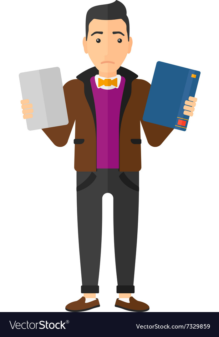 Man choosing between book and tablet computer
