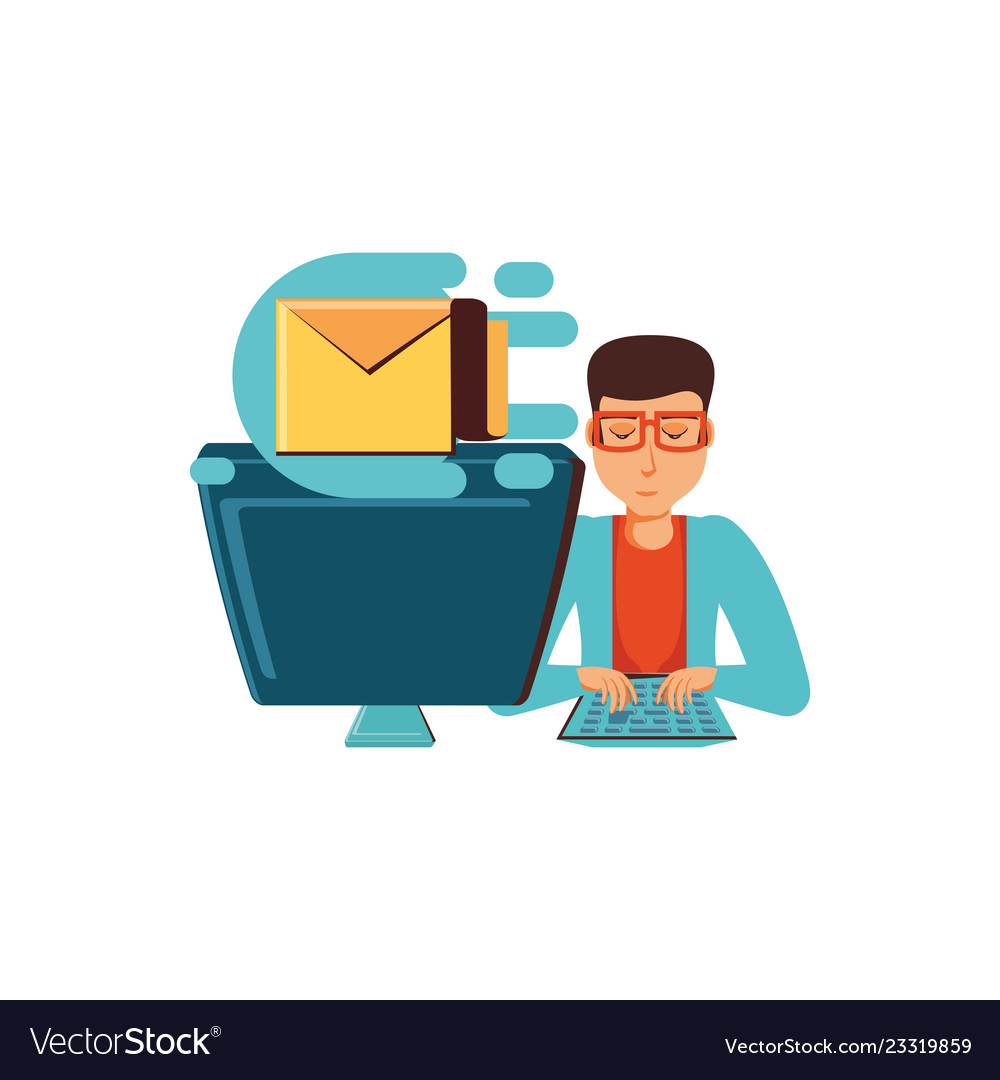 Mann mit Desktop-Computer und Umschlag-Mail vector image Mann mit Desktop-Computer und Umschlag-Mail