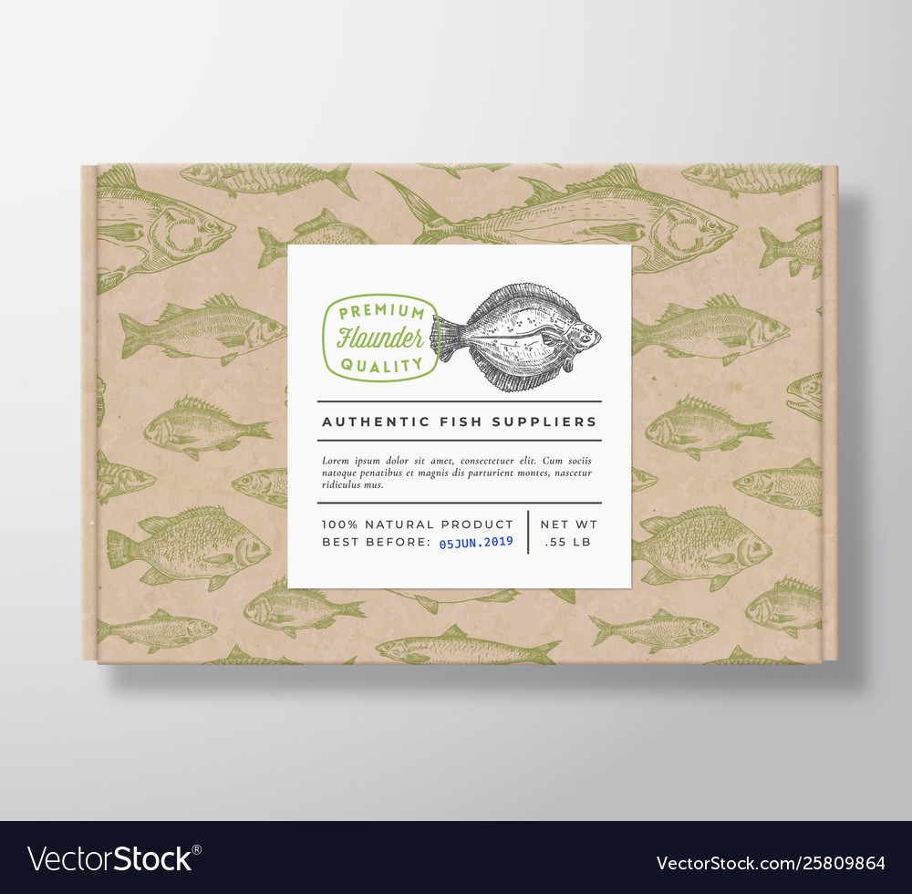 Fish Pattern Realistic Cardboard Box With Banner Vector Image