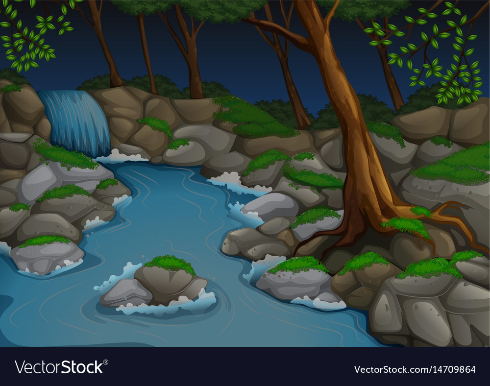 Forest scene with waterfall and trees at night