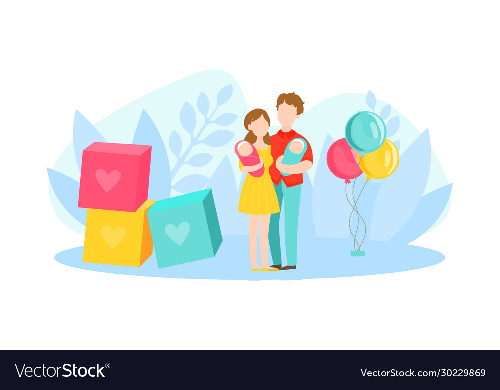 Eltern mit Babys Zwillinge jungen Vater und Mutter vector image Eltern mit Babys Zwillinge jungen Vater und Mutter