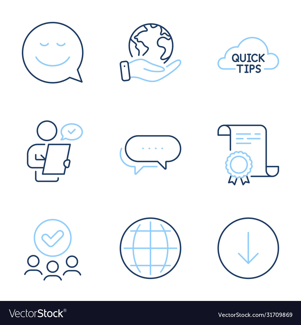 Quick tips smile and globe icons set scroll down vector image Quick tips smile and globe icons set scroll down