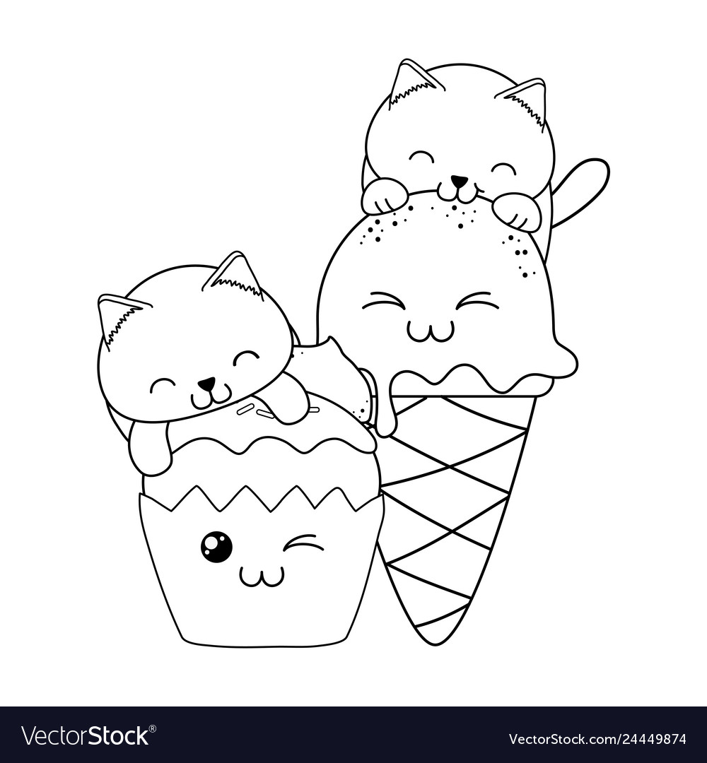 Cute little cats with ice cream and cupcake kawaii