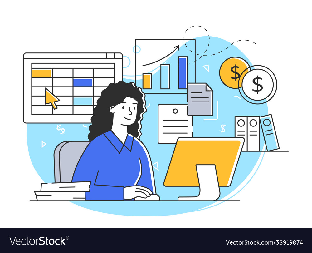 Young cheerful female character is working vector image Young cheerful female character is working