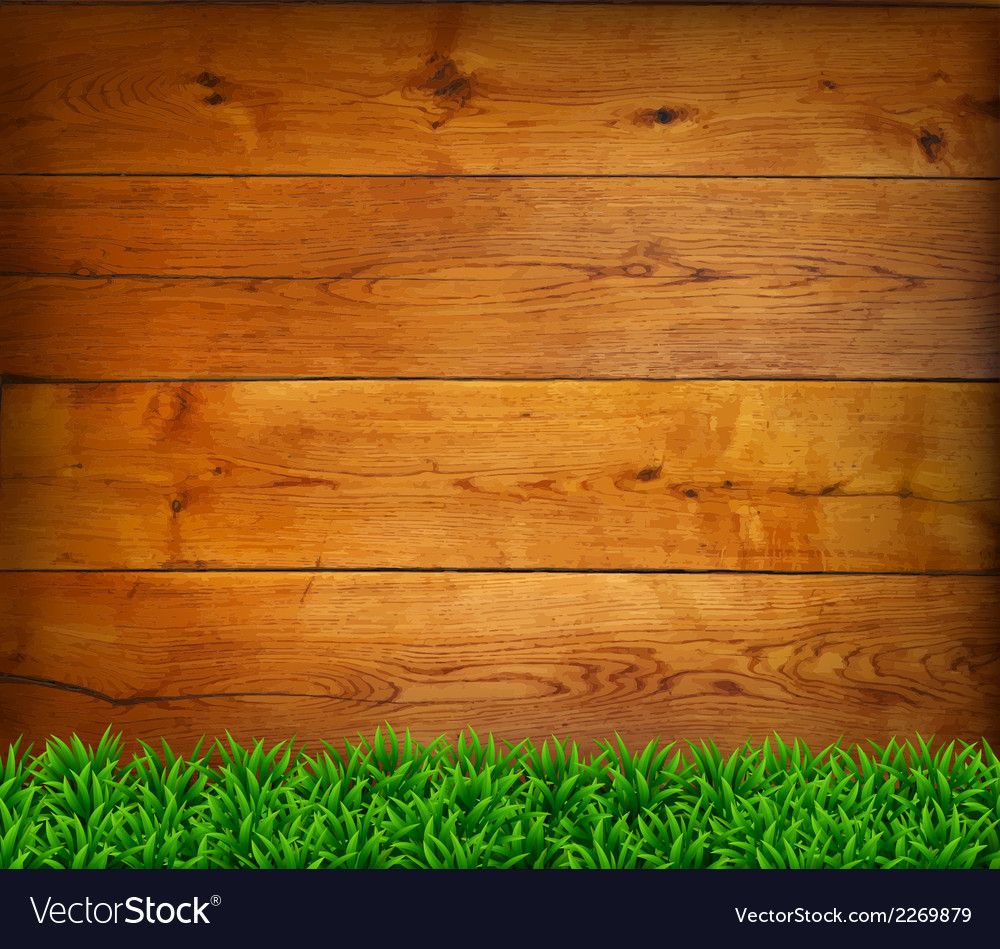 Background from oak boards with green grass