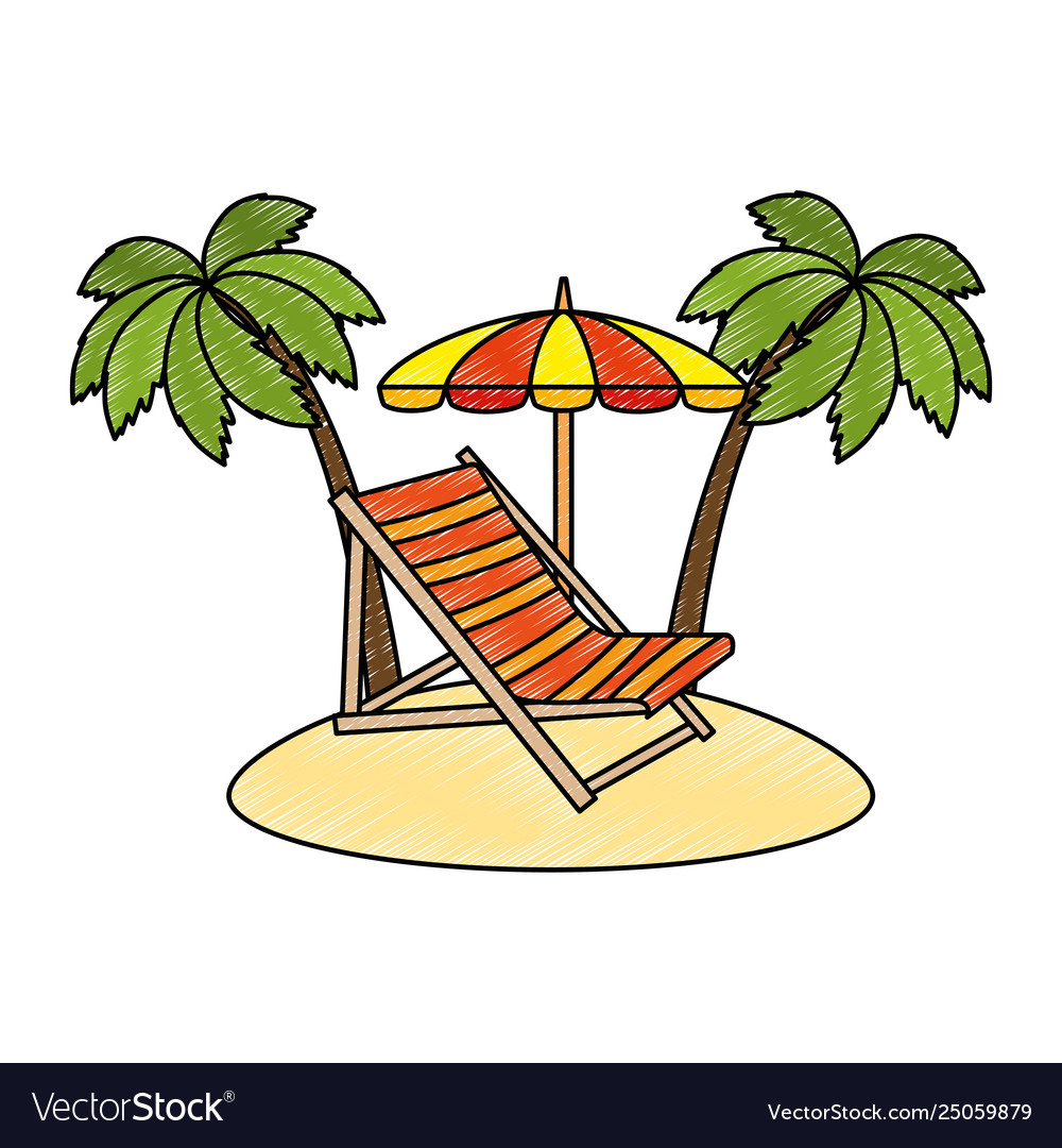 Beach chair with umbrella and palms