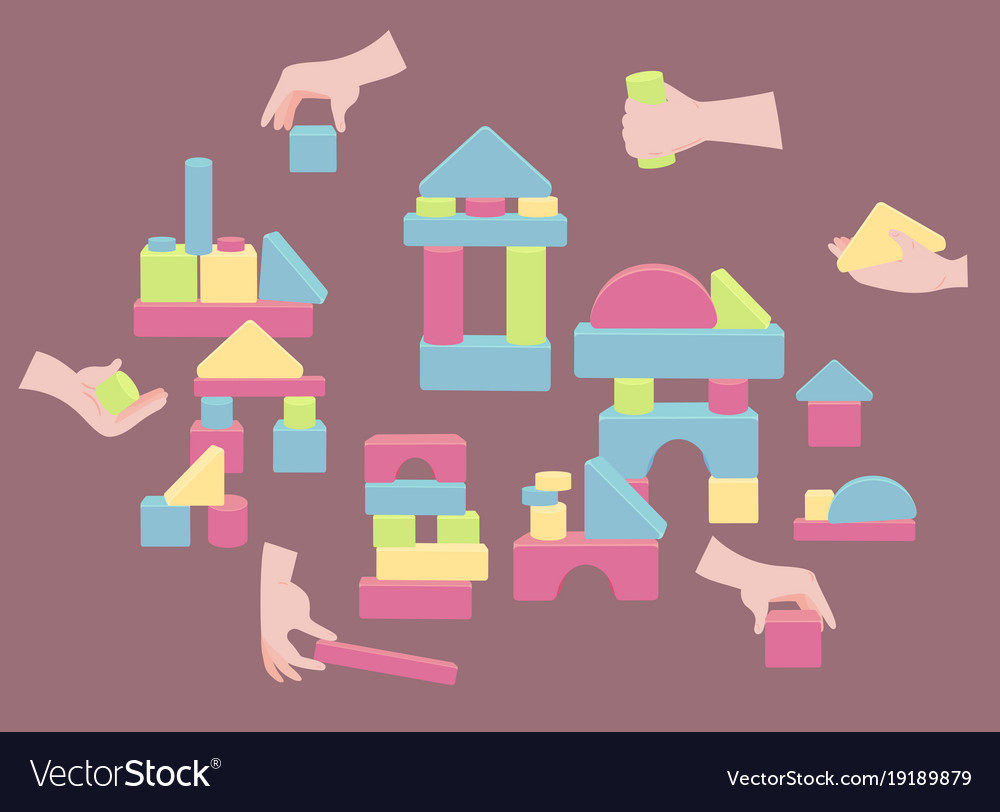 Hands with bricks for block stack wood tower game